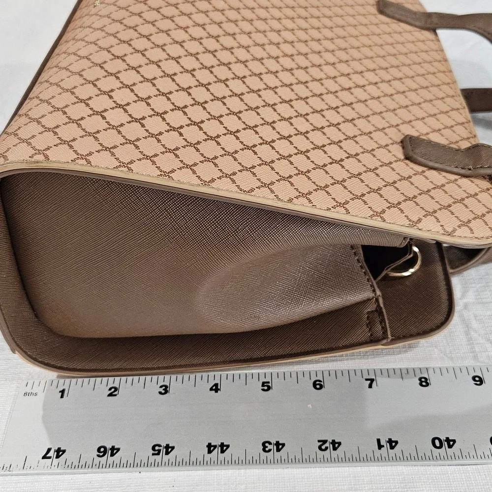 Crossi Brown Tan Geometric Lattice Satchel Double‎ Compartment Crossbody Bag